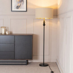 Valuelights Marissa Matte Black Stacked Ball Floor Lamp With Beige/gold Shade - thumbnail 1