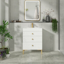 Royal Bathrooms Royal Bathroom Verona 600mm Gloss White 3-Drawer Floor Standing Bathroom Vanity Unit With Carrara White Basin & Brushed Brass Knob - thumbnail 4