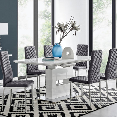 Furniturebox Uk Arezzo Large Extending Dining Table And 6 Grey Velvet Milan Chairs - image 1