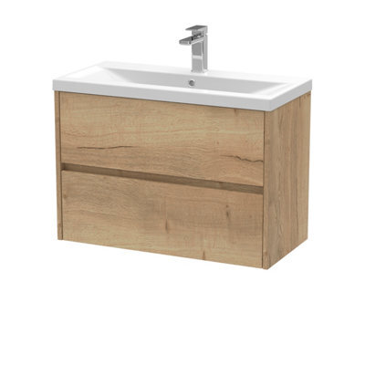Charley Square Wall Hung 2 Drawer Vanity Unit & Ceramic Basin, 800mm - Woodgrain Autumn Oak - Balterley - image 1