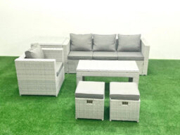 Fimous Rattan Garden Furniture Set Outdoor Lounger Sofa Coffee Table 2 Small Stools Light Grey 6 Seater - thumbnail 2