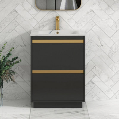 Royal Bathrooms 600mm Matt Obsidian Black 2 Drawer Floor Standing Vanity Unit With Carrara White Basin & Brushed Brass Accent Trim - image 1