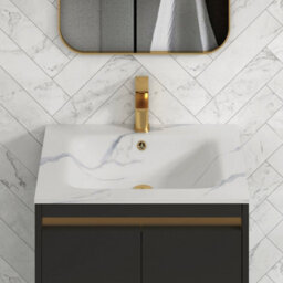 Royal Bathrooms 600mm Matt Obsidian Black 2 Drawer Floor Standing Vanity Unit With Carrara White Basin & Brushed Brass Accent Trim - thumbnail 5