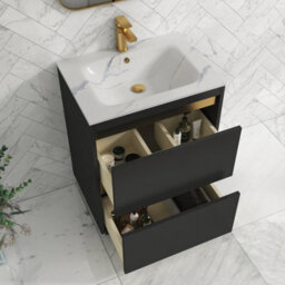 Royal Bathrooms 600mm Matt Obsidian Black 2 Drawer Floor Standing Vanity Unit With Carrara White Basin & Brushed Brass Accent Trim - thumbnail 4