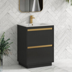 Royal Bathrooms 600mm Matt Obsidian Black 2 Drawer Floor Standing Vanity Unit With Carrara White Basin & Brushed Brass Accent Trim - thumbnail 6