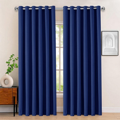 Bedlooms Blackout Curtain Thermal Insulated Eyelet Ready Made Ring Top Navy Curtain (Pair) 66 X 90 Inches With Tie Backs