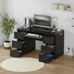 Black Table Dressing Table High Gloss Vanity Makeup Computer Desk Socket Storage 6 Drawers - thumbnail 1