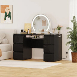 Black Table Dressing Table High Gloss Vanity Makeup Computer Desk Socket Storage 6 Drawers - thumbnail 4