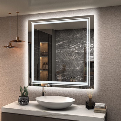 Luvodi 80Cm Square Led Illuminated Bathroom Mirror Dual Light Anti-Fog Makeup Mirror, Wall Switch Or Plug-In - image 1