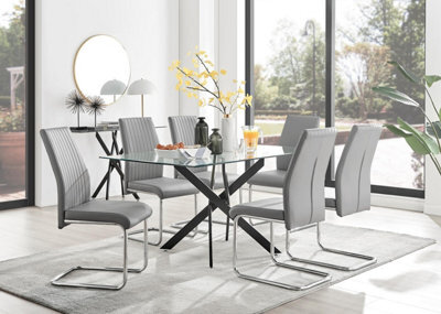 Furniturebox Uk Leonardo Black Leg Glass Dining Table & 6 Grey Lorenzo Chairs - image 1