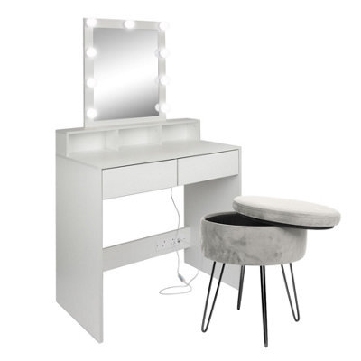 Harbour Housewares Wooden Dressing Table Set With Led Lights & Grey Stool - White - image 1