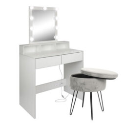 Harbour Housewares Wooden Dressing Table Set With Led Lights & Grey Stool - White