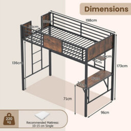 Single Size Loft Bed Frame With Integrated Desk & Storage Shelf - thumbnail 2