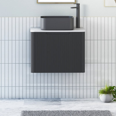 Royal Bathrooms Avenza 600mm Matt Obsidian Black Wall Hung Bathroom Countertop Vanity Unit 1 Drawer With Art Square Basin - image 1