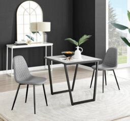 Furniturebox Carson Small 2 Seater White Marble Effect Square Scratch Resistant Dining Table With 2 Grey Corona Faux Leather Black Leg Chairs - thumbnail 1