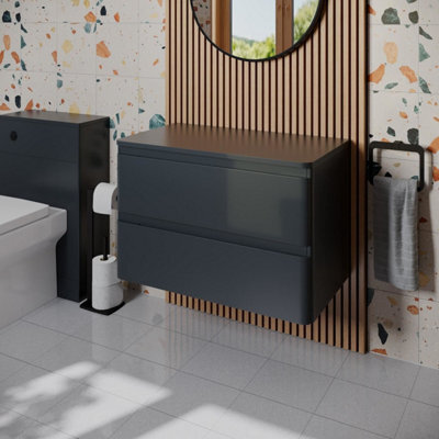 Affine Bathroom Cloakroom Vanity Unit 800mm Wall Hung Cabinet Drawer Anthracite Grey - image 1