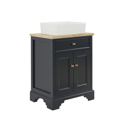 Homestylestore 645mm Black Grey And Oak Bathroom Vanity Unit With Square Countertop Basin And Bronze Square Handles - image 1