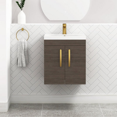 Royal Bathrooms Turin Grey Elm 500mm Wall Hung Vanity Unit 2 Door With Mid-Edge Basin Sink & Brushed Brass Handles - image 1