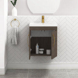 Royal Bathrooms Turin Grey Elm 500mm Wall Hung Vanity Unit 2 Door With Mid-Edge Basin Sink & Brushed Brass Handles - thumbnail 5