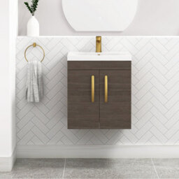 Royal Bathrooms Turin Grey Elm 500mm Wall Hung Vanity Unit 2 Door With Mid-Edge Basin Sink & Brushed Brass Handles - thumbnail 1