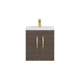 Royal Bathrooms Turin Grey Elm 500mm Wall Hung Vanity Unit 2 Door With Mid-Edge Basin Sink & Brushed Brass Handles - thumbnail 6
