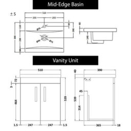 Royal Bathrooms Turin Grey Elm 500mm Wall Hung Vanity Unit 2 Door With Mid-Edge Basin Sink & Brushed Brass Handles - thumbnail 8