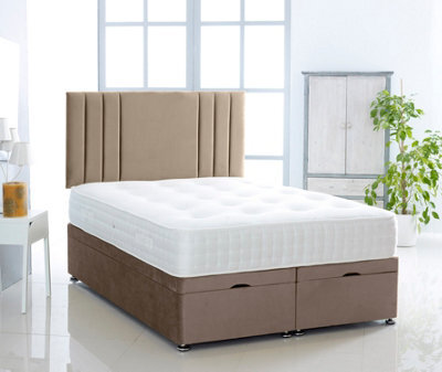 Comfy Deluxe Coffee Plush Foot Lift Ottoman Bed With Memory Spring Mattress And    Vertical   Headboard 4Ft6 Double - image 1