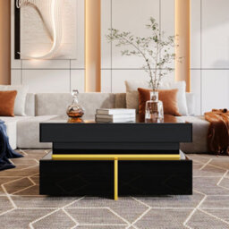 Abrihome Coffee Table, High-Gloss Living Room Table, Side Table With Drawers And Gold Accents