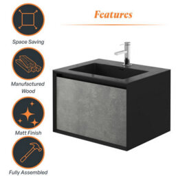 Plum&clay Declan Black & Concrete Wall Mounted Vanity Unit With Integrated Basin (W)600mm (H)400mm - thumbnail 6