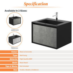 Plum&clay Declan Black & Concrete Wall Mounted Vanity Unit With Integrated Basin (W)600mm (H)400mm - thumbnail 5