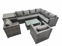 Fimous Patio Sofa Oblong Coffee Table Set Rattan Garden Furniture Set With 2 Chairs Side Table Dark Grey Mixed - thumbnail 1