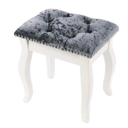 White Legs Upholstered Dressing Table Stool Silver Grey Velvet Vanity Seat Solid Pine Frame - thumbnail 1