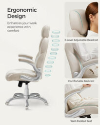 Songmics Ergonomic Office Chair With Adjustable Headrest & Tilt Function, Foldable Armrests, Locking Castors, Gaming, Cream White - thumbnail 3