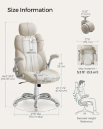Songmics Ergonomic Office Chair With Adjustable Headrest & Tilt Function, Foldable Armrests, Locking Castors, Gaming, Cream White - thumbnail 4