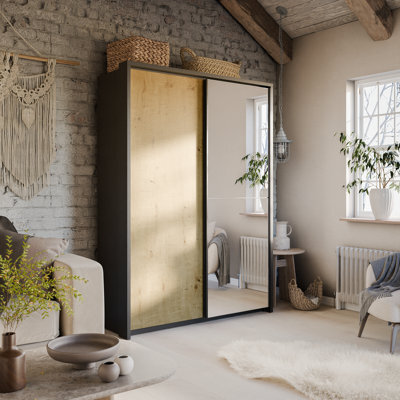 Arte Lux Xxi -Elegant Two Mirrored Sliding Door Wardrobe (H2150mm W1600mm D570mm) With Customisable Interior Layout - Oak Artisan/black - image 1