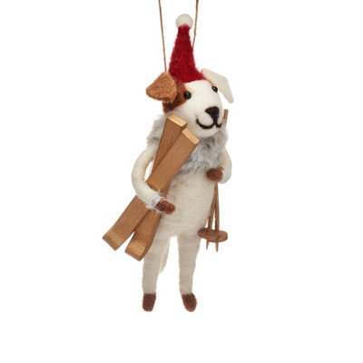 Sass & Belle Christmas Felt Dog With Skis Hanging Tree Decoration, 17.5 X 6 Cm