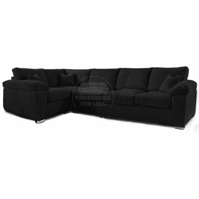 Furnishings For Less UK Delta Large Long Narrow Black 5 Seater Corner Sofa Left Hand Facing Jumbo Cord L Shape