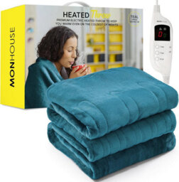 Monhouse Heated Throw - Electric Blanket - Digital Controller - 9Hr Timer, 9 Heat Settings - Single 130X160Cm - Teal - thumbnail 1