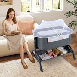 Costway Baby Bassinet Bedside Sleeper Bedside Crib W/ 7-Height Adjustment-Grey - thumbnail 4