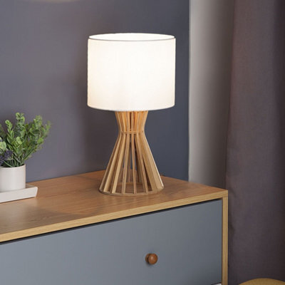 Beliani Table Lamp, Light Brown Slatted Wood Base With White Polycotton Shade, 27Cm X 27Cm X 37Cm - image 1