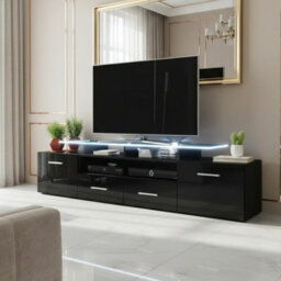 Evora 194Cm Modern Tv Unit Black High Gloss Media Cabinet With Sleek Contemporary Design