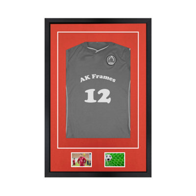 "AK Frames 90X60Cm Matte Black Football Shirt Frame With Poppy Red Mount - 58X40Cm Shirt Window Plus Two 5X3.5"" Photo Apertures" - image 1