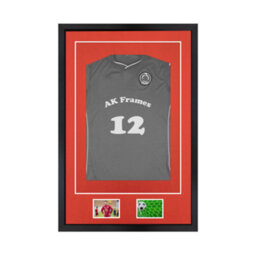 "AK Frames 90X60Cm Matte Black Football Shirt Frame With Poppy Red Mount - 58X40Cm Shirt Window Plus Two 5X3.5"" Photo Apertures"