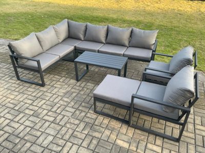Fimous Aluminium Garden Furniture Set Outdoor Indoor Lounge Corner Sofa 2 Pcs Chair Coffee Table Sets With Footstool Dark Grey