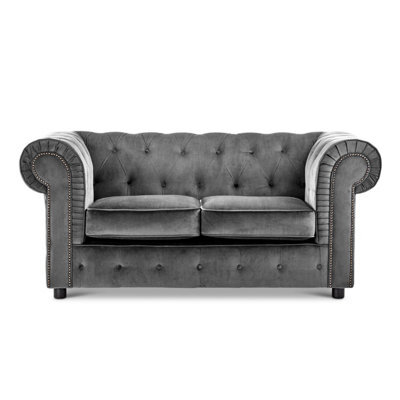 Furnishings For Less UK Ashbourne Chesterfield Large Grey Velvet Fabric 2 Seater Sofa Studded Design - image 1