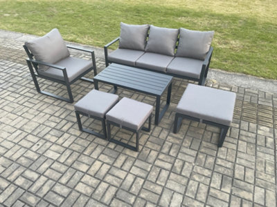 Fimous Aluminium Outdoor Garden Furniture Set Patio Lounge Sofa With Oblong Coffee Table 3 Footstools Armchair Dark Grey - image 1