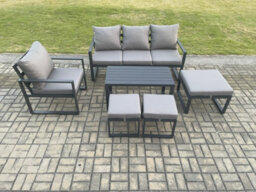 Fimous Aluminium Outdoor Garden Furniture Set Patio Lounge Sofa With Oblong Coffee Table 3 Footstools Armchair Dark Grey - thumbnail 2