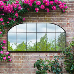 Mirroroutlet The Arcus Black Metal Framed Window Arched Garden Wall Or Fence Mirror 174Cm X 85Cm