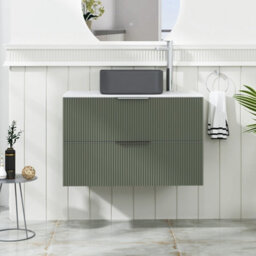 Royal Bathrooms Evora 800mm Sage Green Fluted Wall Hung Countertop Vanity Unit 2 Drawer With Art Square Basin - thumbnail 1
