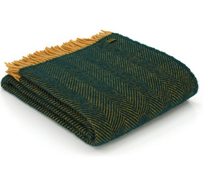 Tweedmill Herringbone Emerald & Mustard 100% Wool Throw